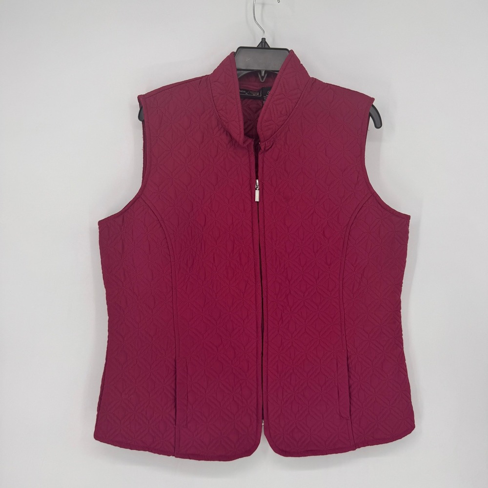 Jane Ashley Quilted Vest Women XL Burgundy Good Zip Mock Neck Geometric Pattern
